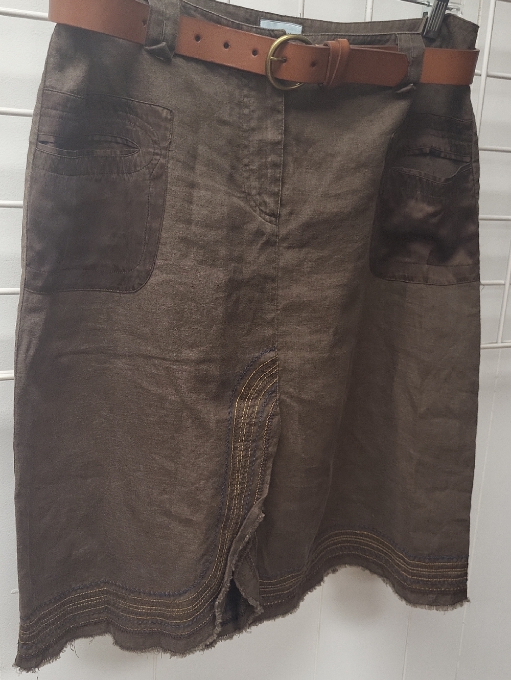 ITW, Women's BOHO Brown A-Line Linen Skirt with Front Patch Pockets, SIZE 10